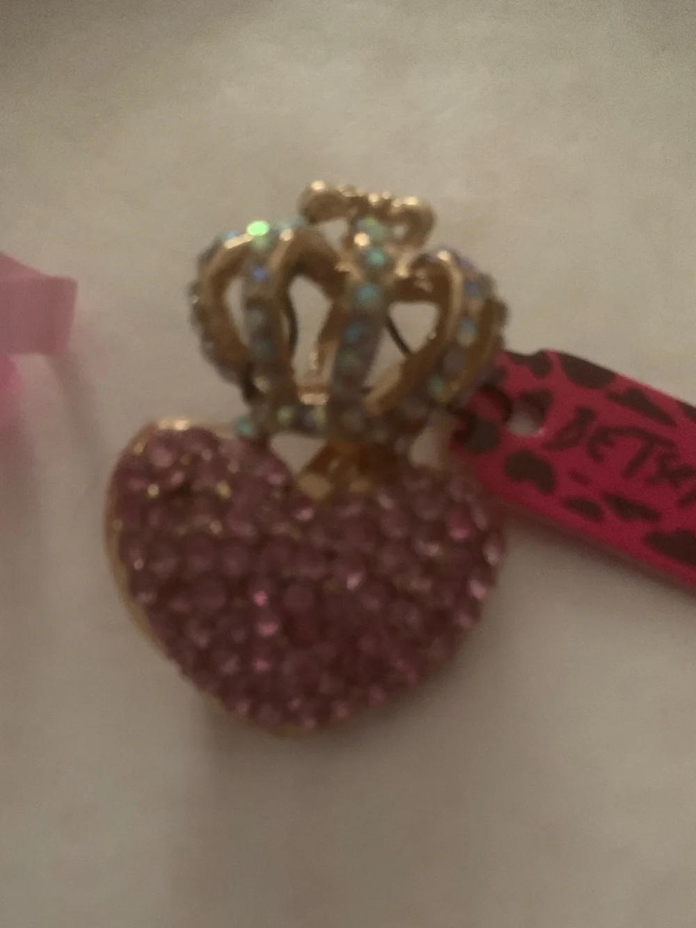 Betsey Johnson Pink Crystal Heart with Gold Crown Pendant